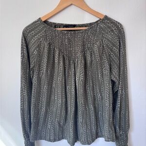 Lucky Brand Olive Green Printed Smocked Yoke Blouse